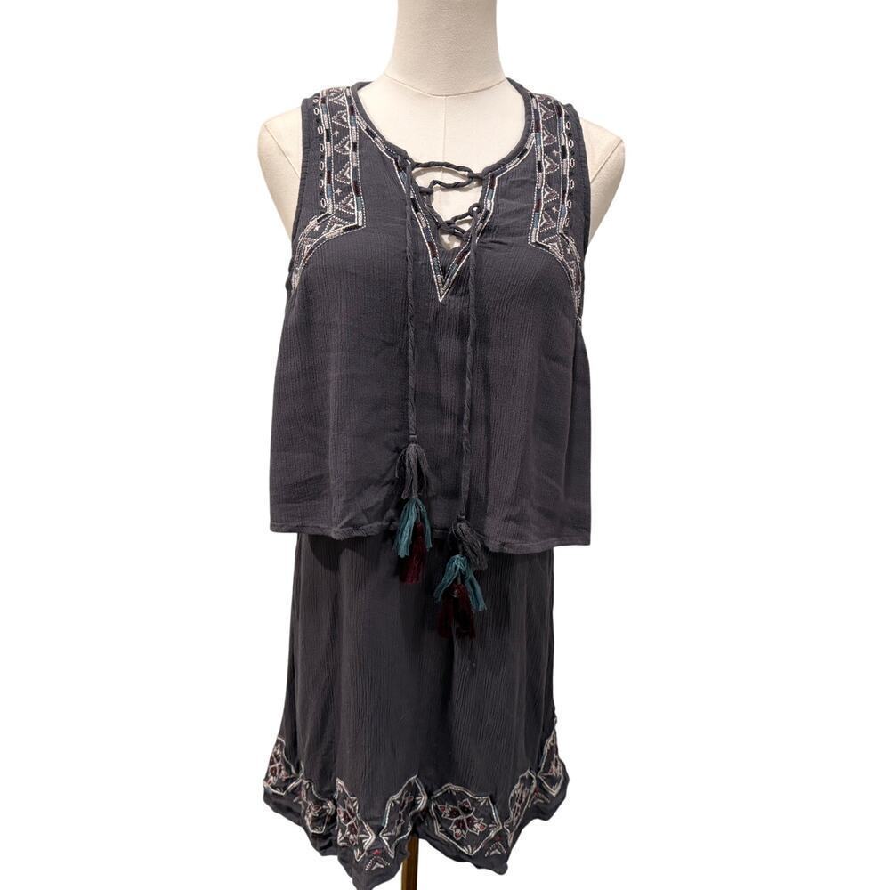 Davina Gray Embroidered Tassel Boho Midi Dress M Festival Gypsy Peasant Cottage